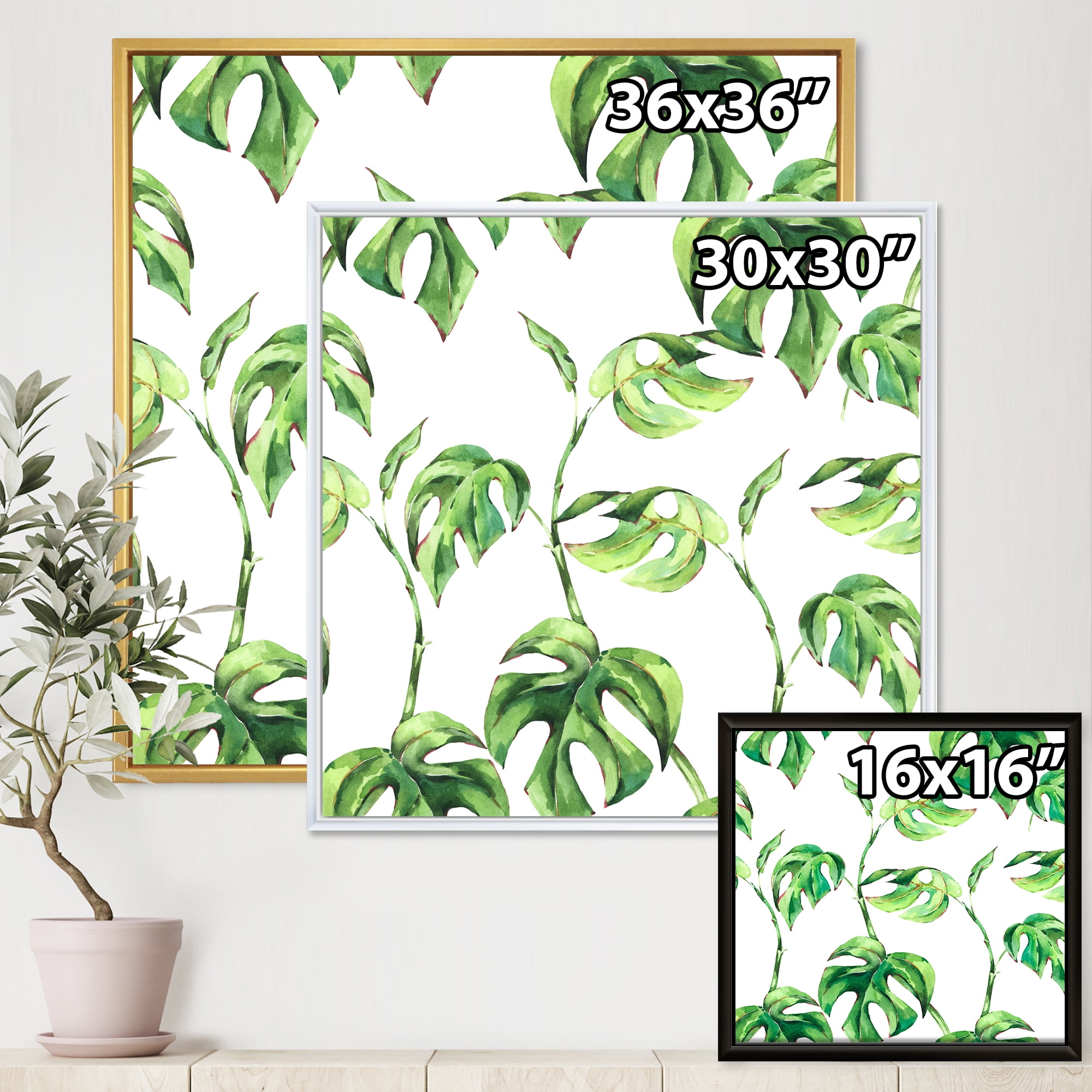 Designart 'Ancient Floral Tropical Leaves II' Tropical Framed Canvas Wall Art Print