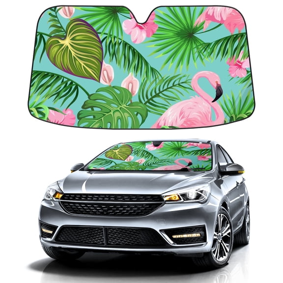 Car Windshield Sun Shade For Front Window Tropical Leaves Flowers Flamingos Foldable Vehicle Windshield Car Sun Visor Covers Automotive Window Protector Car Camping Privacy Sun Blocker
