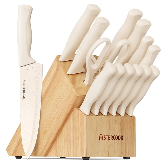 Juego de cuchillos Astercook de 15 piezas, acero alemán, bloque color crema