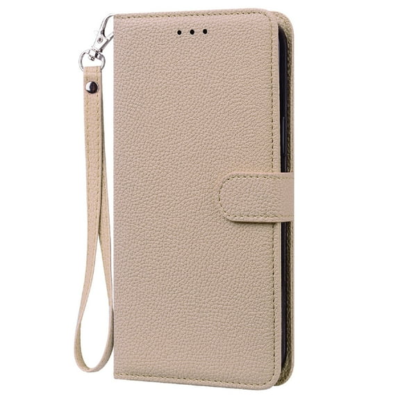 Wallet Case for Samsung Galaxy S21, Litchi Texture PU Leather Stand Magnet Flip Case with Card Slots Short Wrist Strap Cover for Samsung Galaxy S21 6.2 Inch,Beige