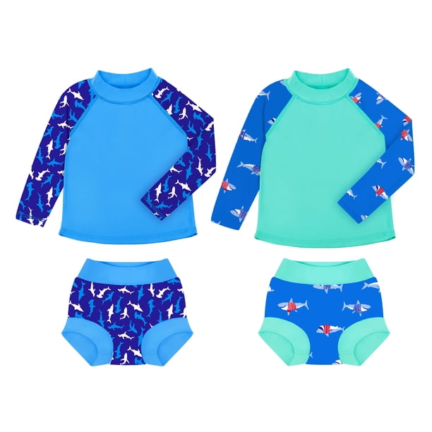 BIG ELEPHANT Paquete de 2 Trajes de Baño Unisex de Manga Larga con Protección Solar UPF 50+ y Pañales de Natación Incorporados para Bebés y Niños Pequeños, Tallas XS-XXL