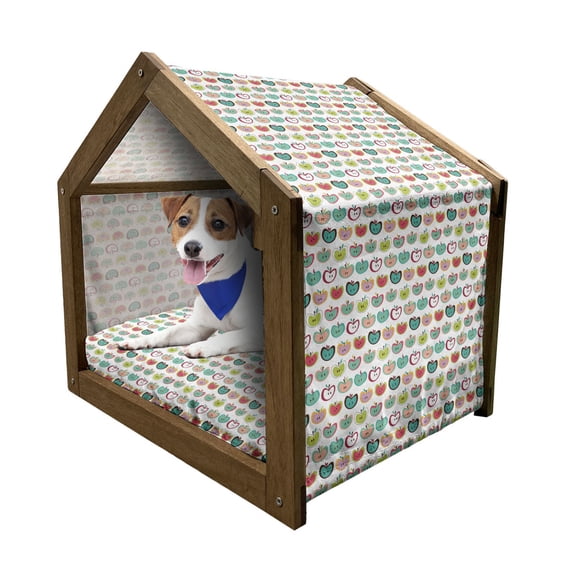 Fruits Pet House, Retro Style Fruit Illustration Youthful Food Organic Eating Design, Outdoor & Indoor Portable Dog Kennel with Pillow and Cover, 5 Sizes, Multicolor, by Ambesonne