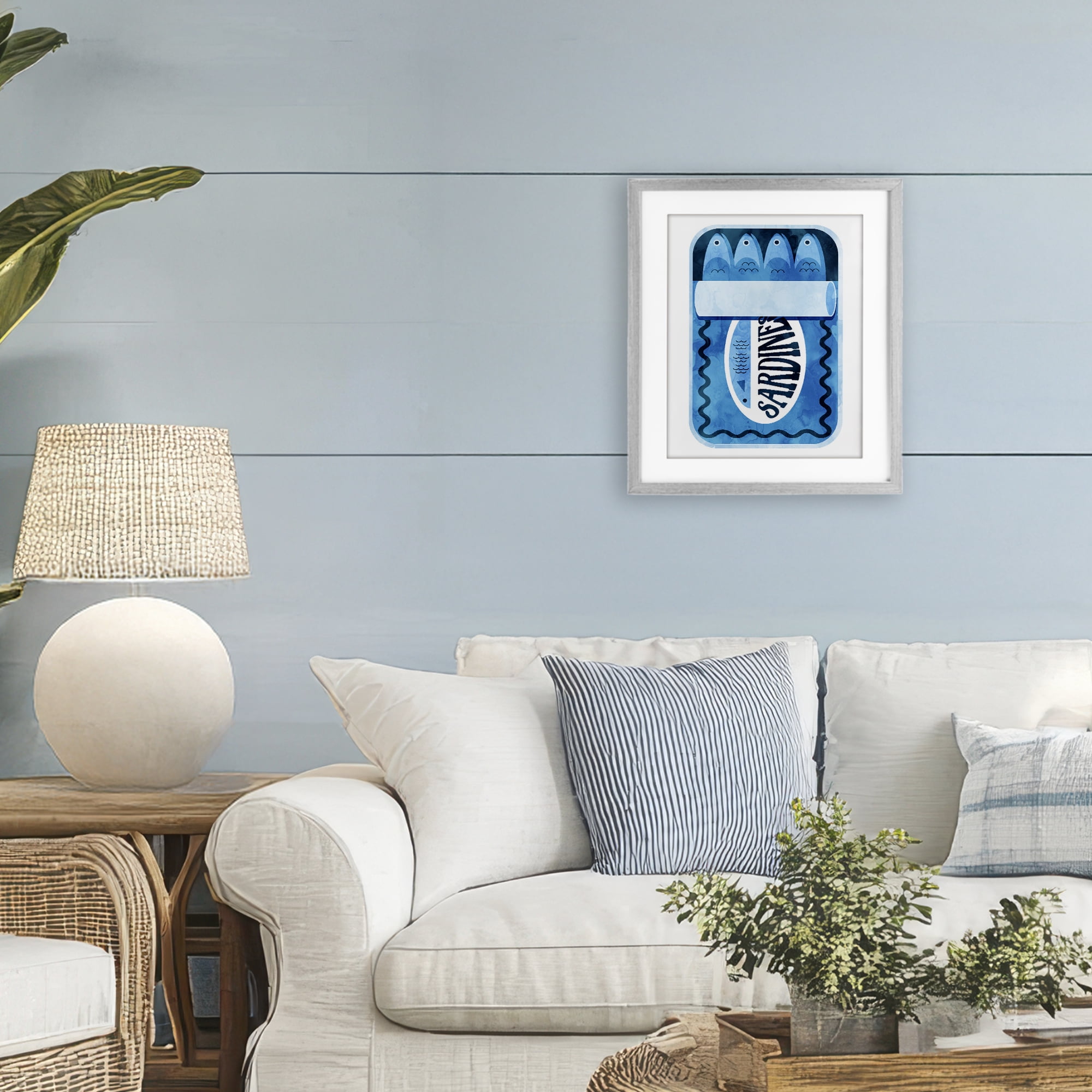 Retro Blue Sardine Tin Gray Framed Print Under Glass, design by Daphne Polselli