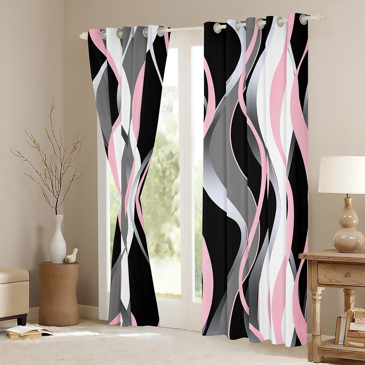 Manfei Pink Gray White Black Black Out Curtains, Contemporary Geometric Curtains Pack of 2 (42x63 Each), Aesthetic Lines Stripes Bedroom Curtains, Super Cozy Room Decor