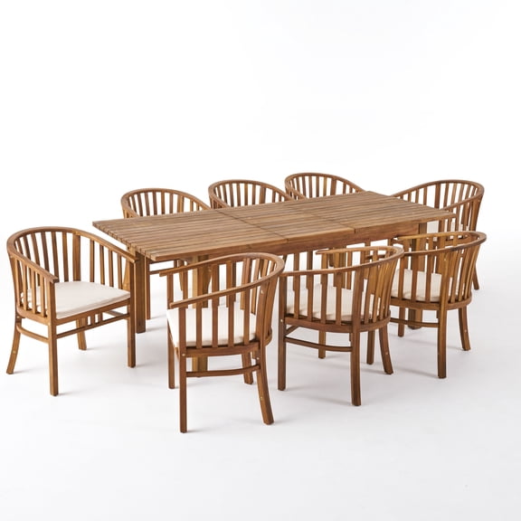 Noble House Alondra 9 Piece Wooden Expandable Patio Dining Set in Teak/Cream