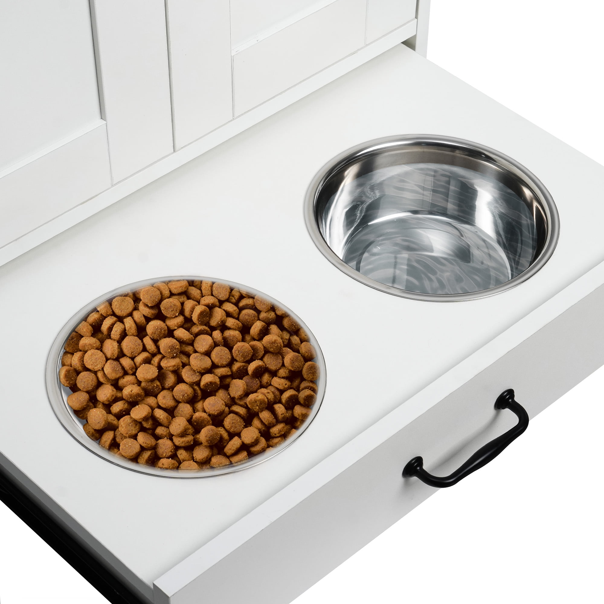 Pefilos 31" Dog Feeding Station, Dog Food Storage Cabinet with Hidden Dog Bowls, Adjustable Panel, Hooks, for Medium Sized Dogs, White Pefilos 31" Dog Feeding Station, Dog Food Storage Cabinet with Hidden Dog Bowls, Adjustable Panel, Hooks, for Medium Sized Dogs, White