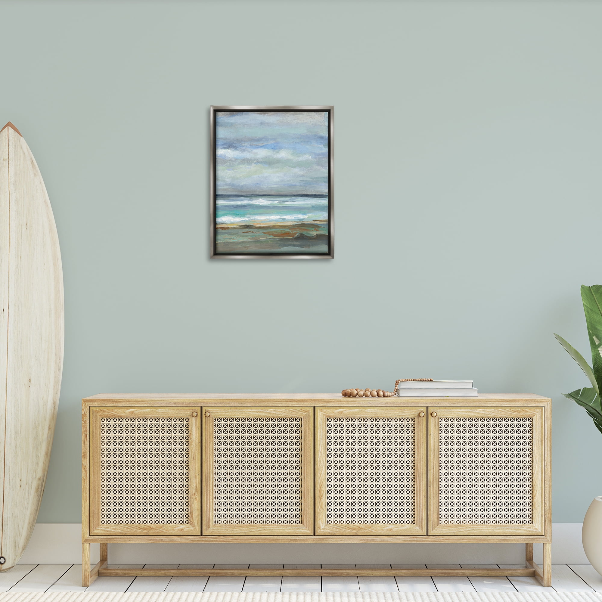 Stupell Industries Traditional Cloudy Seashore Nautical & Beach Painting Gray Floater Framed Canvas Art Print Wall Art, 25 x 31