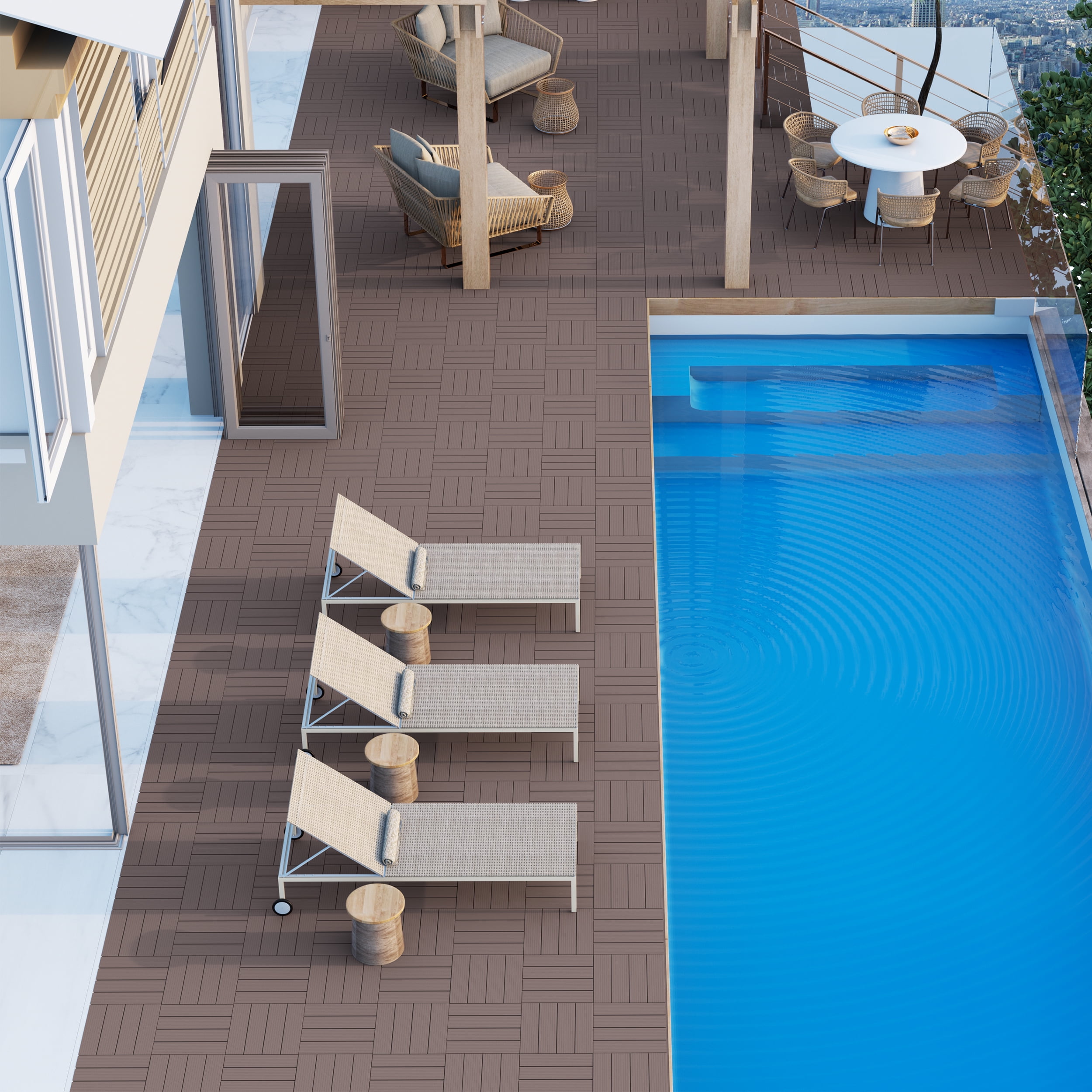 TrumanPick 36 PCS Deck Tiles Patio Pavers Interlocking Flooring Tiles 12"W x 12"L Waterproof Outdoor Flooring for Patio Garden Balcony Backyard All Weather Use, Brown