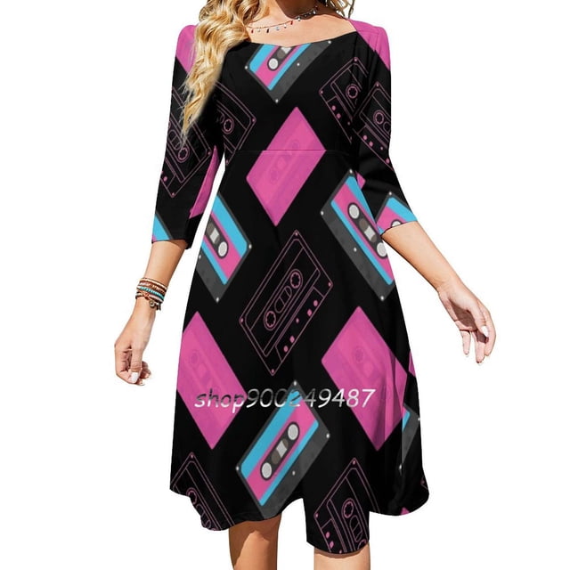 Vestido elegante y dulce con estampado de casete mixto (negro) para mujer, estilo coreano kawaii, con cuello cuadrado, estilo retro vintage de los años 80