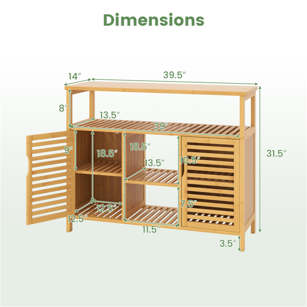 Double Door Bamboo Bathroom Storage Cabinet with Open Shelves, 39.5 Inch Tall Wood Organizer with Anti-Tip Device, for Bathroom, Kitchen, Living Room, Natural Finish