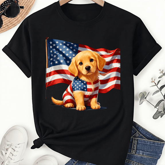 4th of july Golden Retriever Puppy American Flag Unisex T-Shirt Suitable for Men and Women