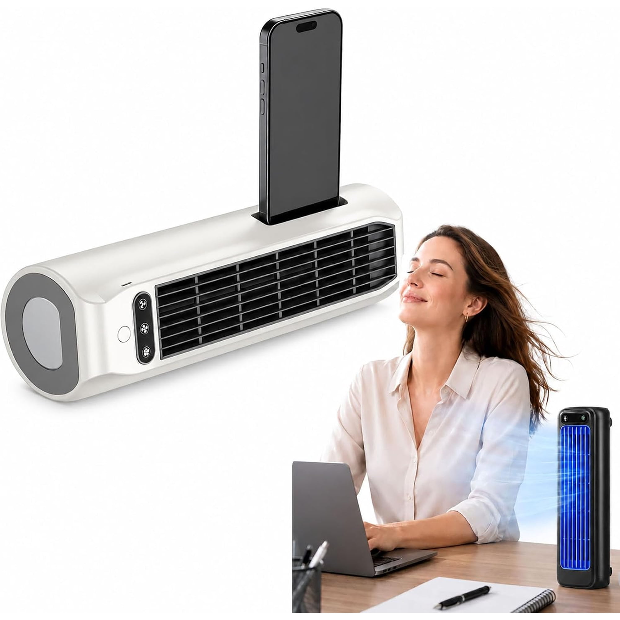 Wireless Cooling Ace Air Conditioner Fan, 3-Speed USB Rechargeable Small Tower Fans, 3-in-1 Standing, Wall-Mounted & Lying Cooling Fans with Phone Holder for Home, Office, Bedroom and Travel (white)