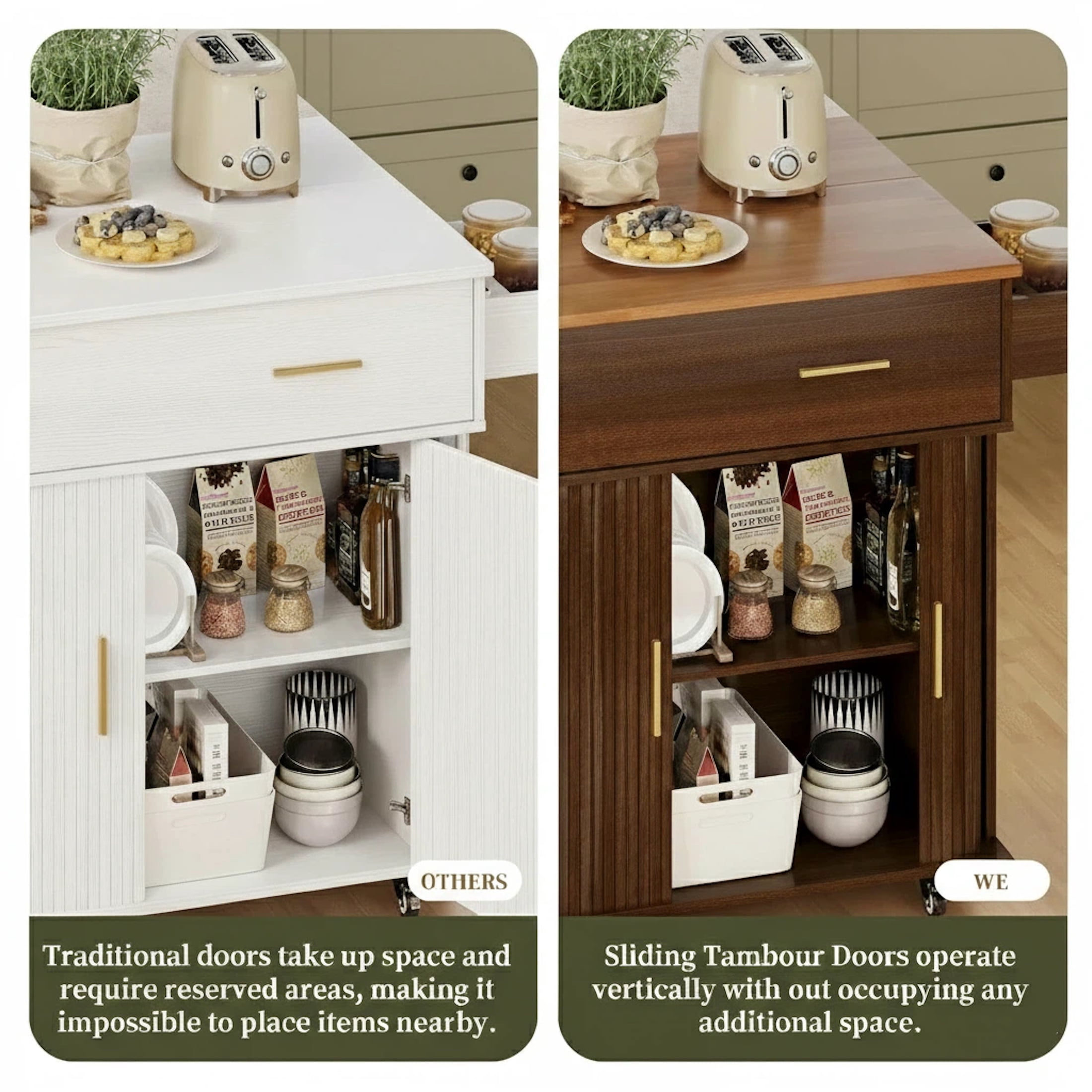Aisword Rolling Kitchen Island with Drop Leaf Countertop, Mobile Kitchen Cart on Wheels, Sliding Door, Drawers, Spice Rack & 2-Tier Storage, Walnut