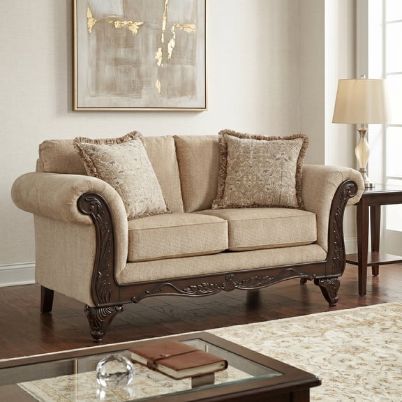 Roundhill Furniture Hernen Carved Wood Frame Loveseat, Emma Wheat