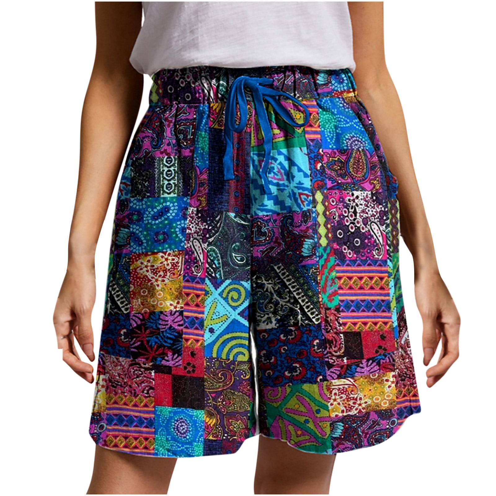 Cotton Linen Shorts for Women Casual High Waist Drawstring Wide Leg