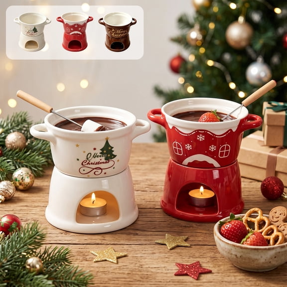 Christmas Chocolate Fondue Mug, Ceramic chocolate Melting Pot for Chocolate Cheese Caramel, Warmer Christmas Mug for Holiday Party Display