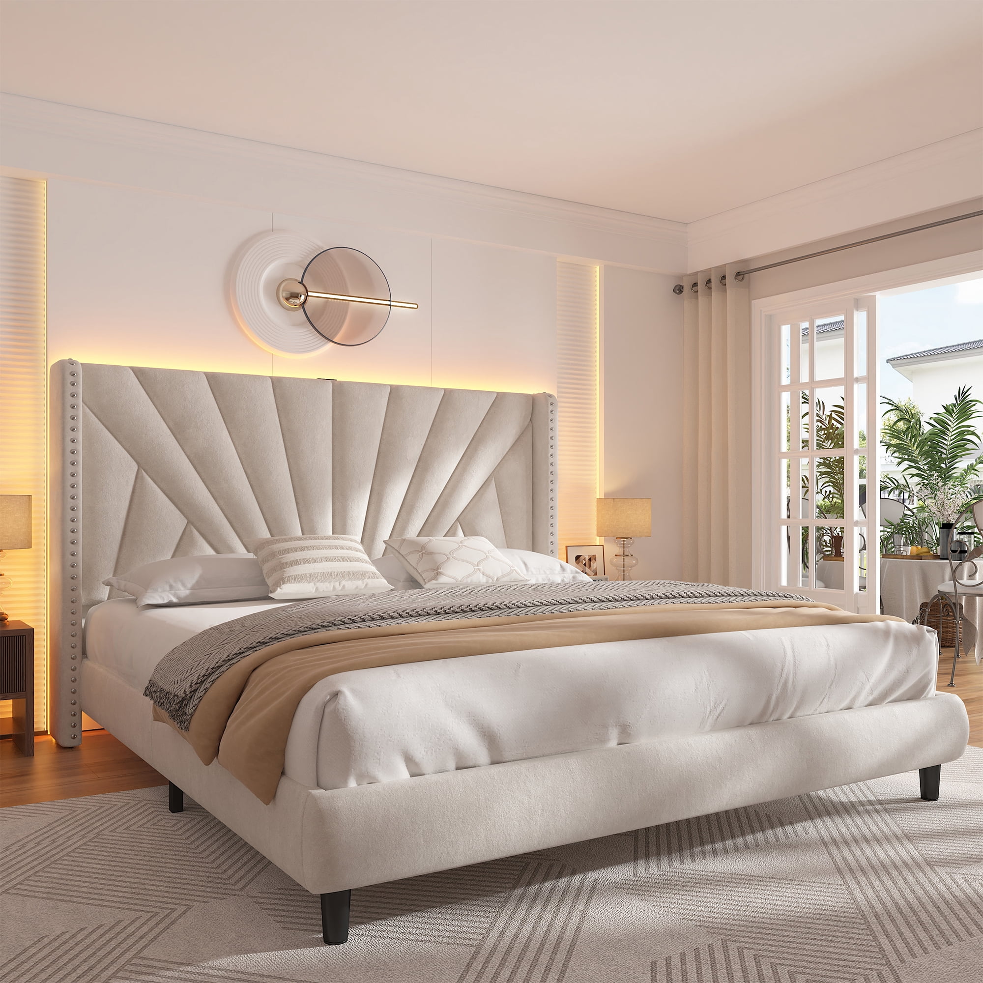EnHomee King Bed Frame with 51"Tall Headboard Upholstered King Size Platform Bed Frame with LED Lights & Charge Station, Beige, No Box Spring Needed, Noise Free