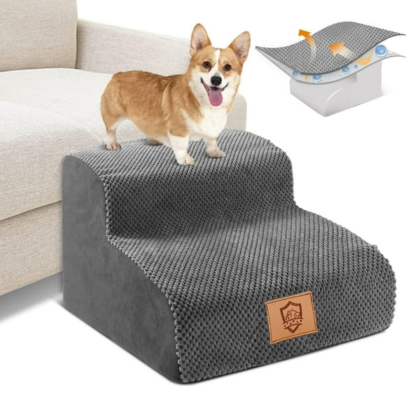 Almcmy 2-Step Dog Stairs for High Bed, Foam Pet Stairs with Removable Washable Cover, Non-Slip Dog Steps Ramp for Small & Older Dogs, Holds Up to 50 lbs, Grey