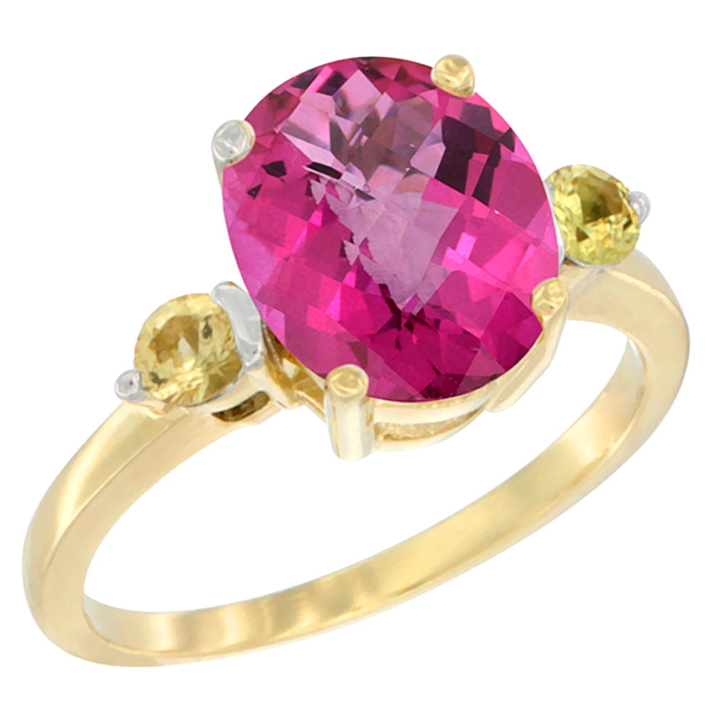 10K Yellow Gold Natural Pink Topaz Ring Oval 10x8mm Yellow Sapphire Accent, sizes 5 10 by WorldJewels