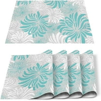 Aqua Chrysanthemum Flowers Placemat for Dinning Table Placemat Set of 4-Cotton Linen, Waterproof Cloth Table Mat-Easy Clean Place Mat Machine Washable Fabric, Floral Grey