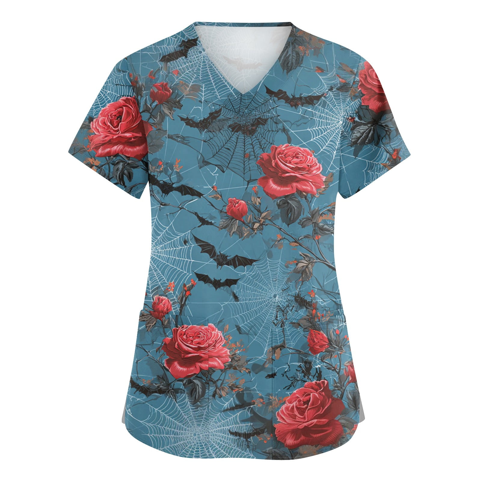 Scrub Tops Women Print，Plus Size Women'S Halloween Pumpkin-Headed Bat Printed Scrub Tops V-Neck Fun T Shirts Nurse Uniform Tee With Pockets,Royal Blue，M