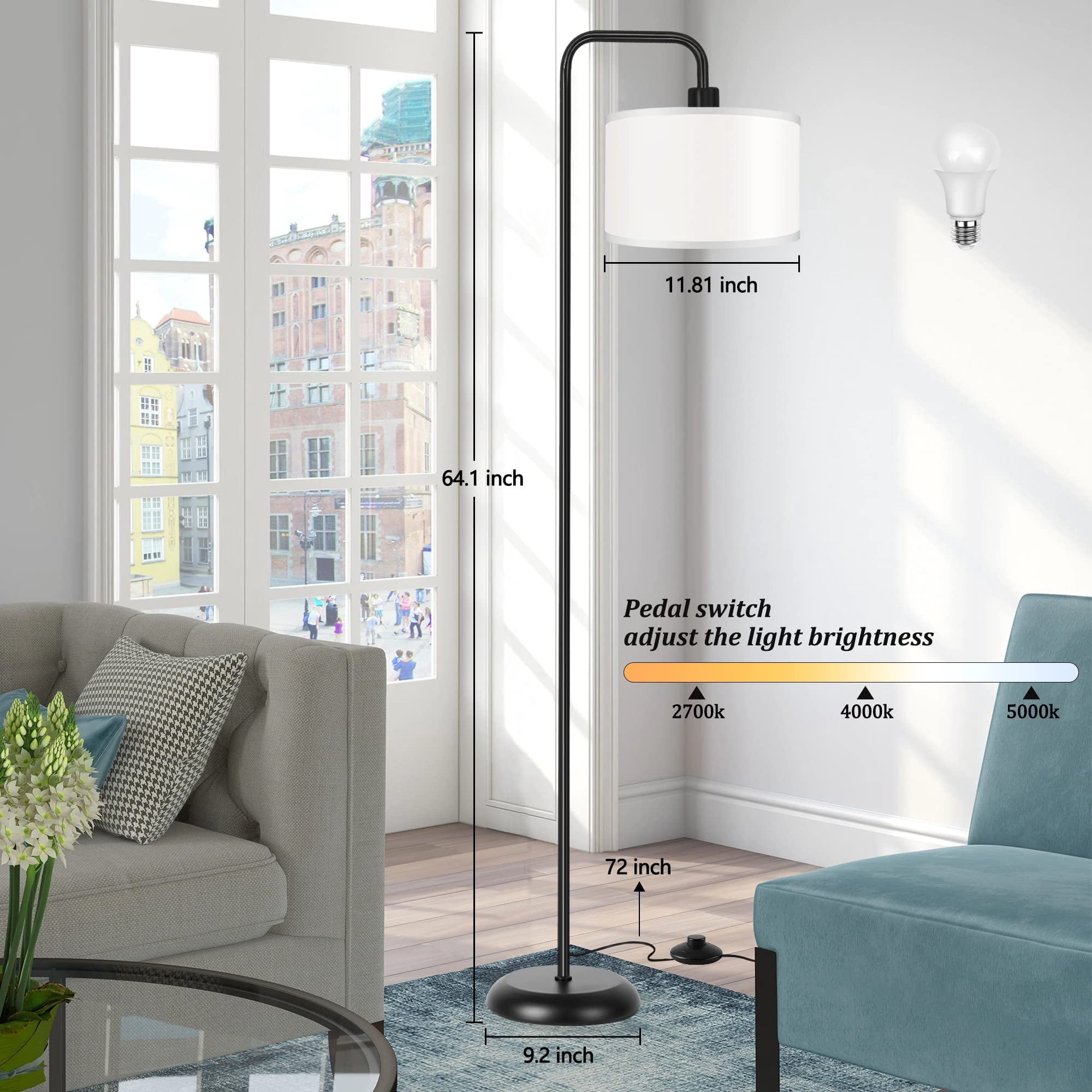 [upgraded] Led Floor Lamp For Living Room  3 Color Temperature With Foot Modern Standing Tall Pole Reading Bedroom Study Office 9w Bulb Included Black