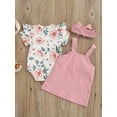 thumbnail image 4 of TSEXIEFOOFU 3 Pcs Newborn Casual Outfits, Baby Girls Floral Fly Sleeve Round Neck Romper + Suspender Skirt + Solid Color Headband, 4 of 8