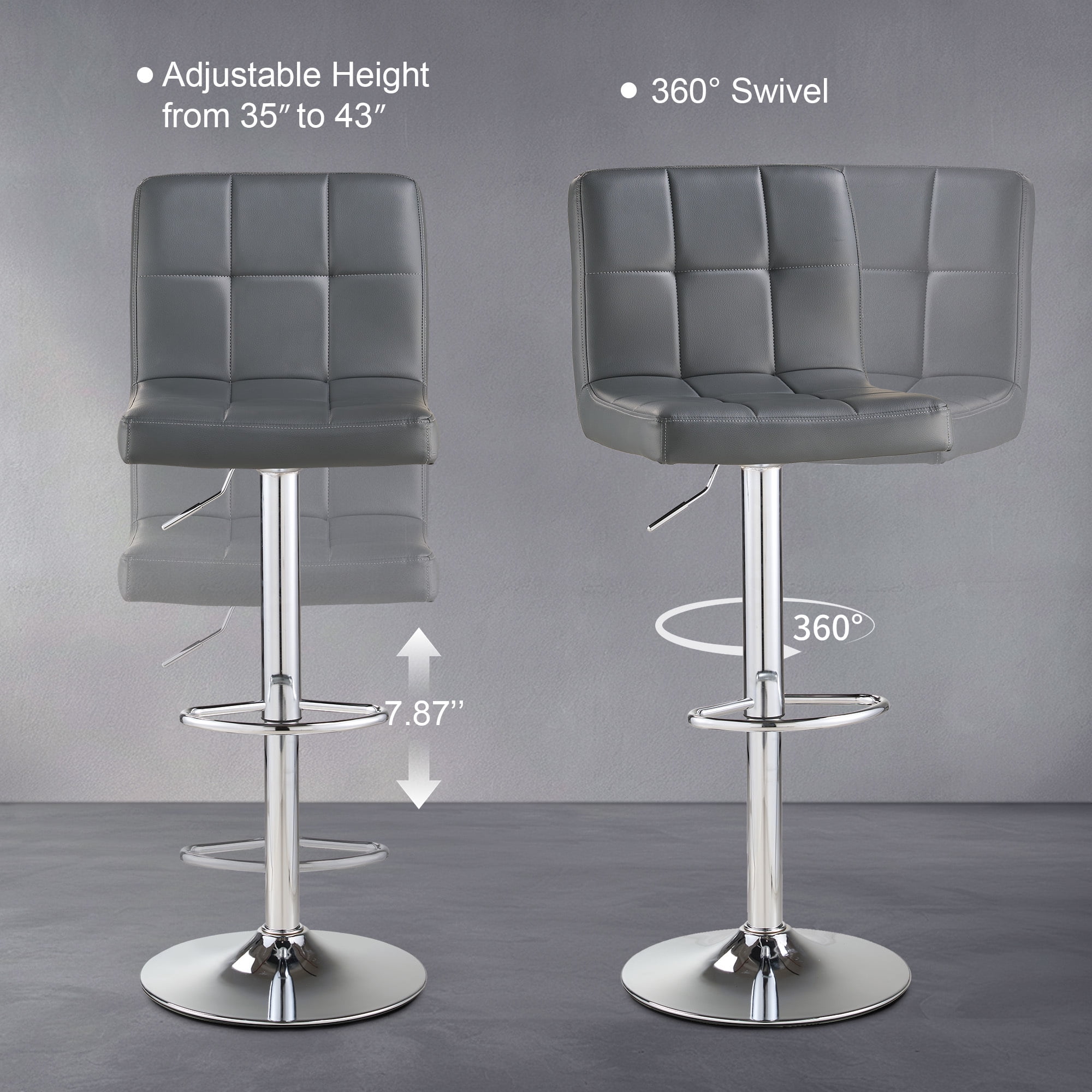 AUNEKIV Bar Stools Set of 2, Thickened Seat Cushion Square Swivel Bar Stools with Back, Adjustable Counter Height Bar Chairs for Kitchen Island, Dining Room, Dark Grey