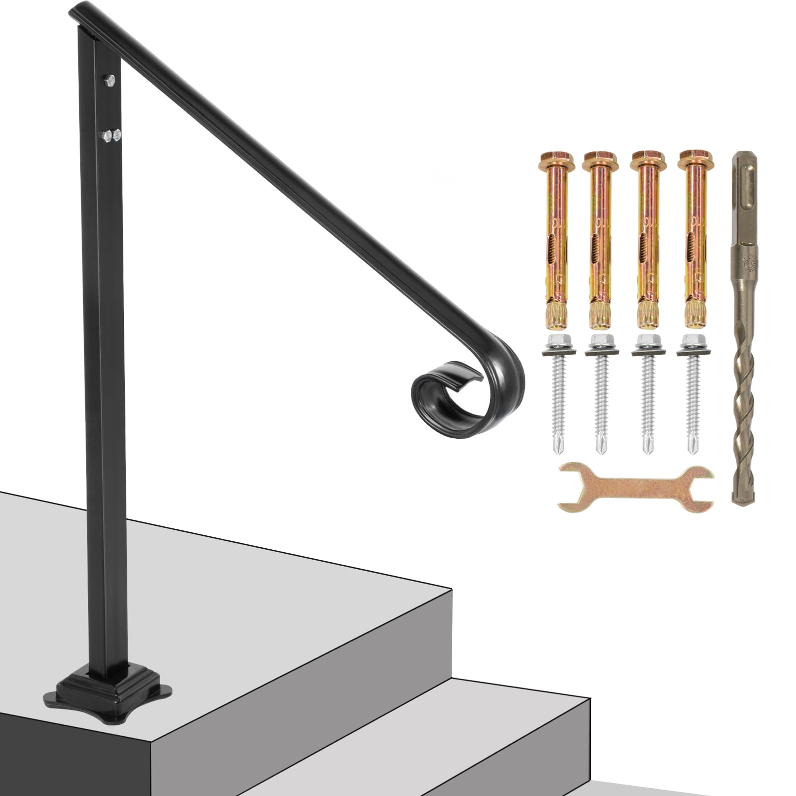 Vevor 1 2 Step Handrail Black Steel Railing For Steps 330lbs Capacity