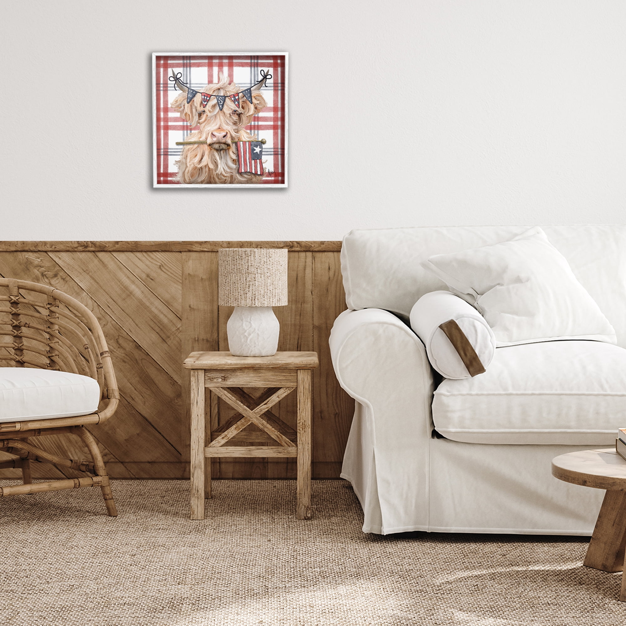 USA Plaid Highland Cattle White Framed Giclee Art, design by Ashley Bradley