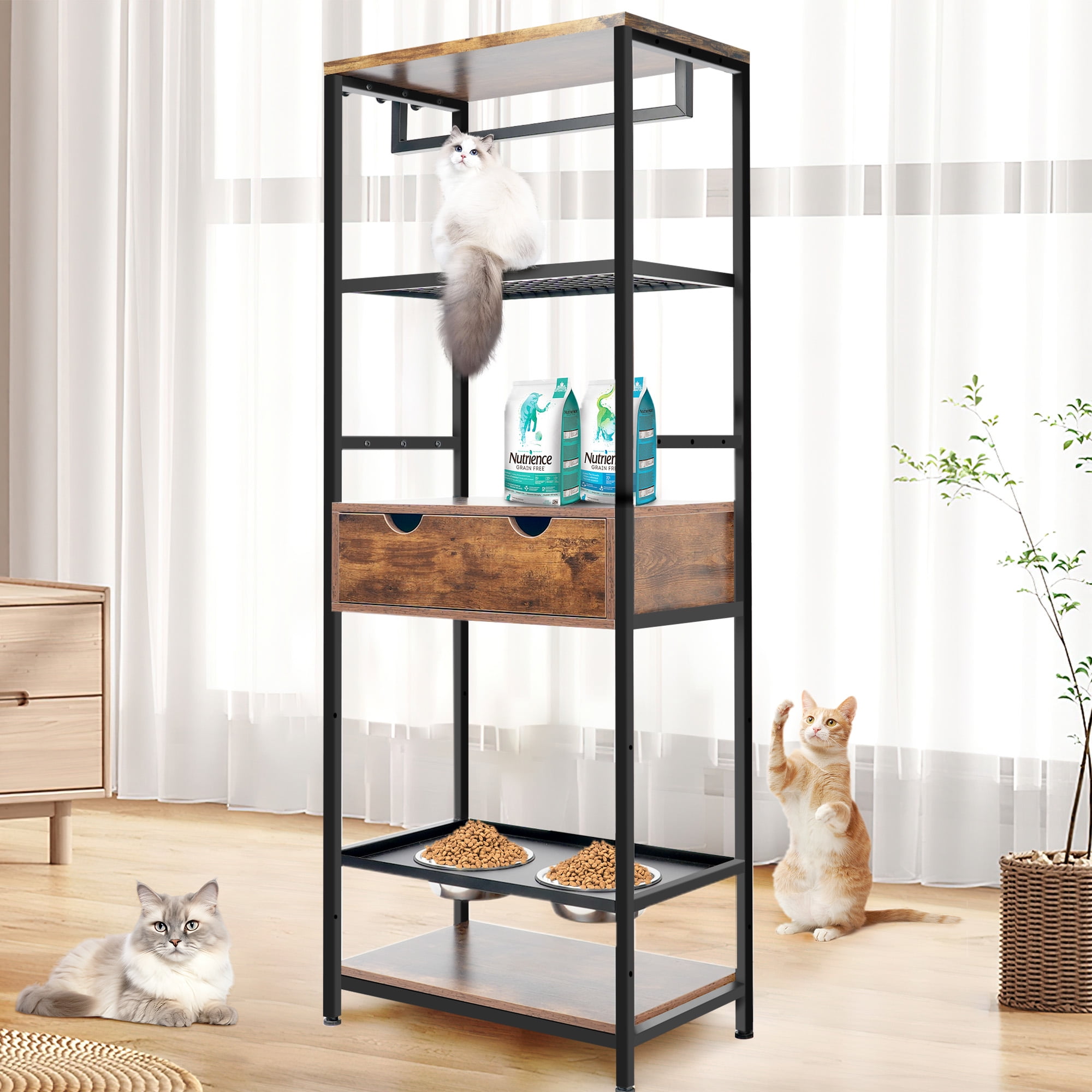 YANSHE Modern Dog Feeder Station Furniture, 3 Adjustable Heights Raised Dog Bowls Stand With 2 Stainless Steel Bowls, Multiple Shelves And Hooks, For Large Medium Dogs Cats