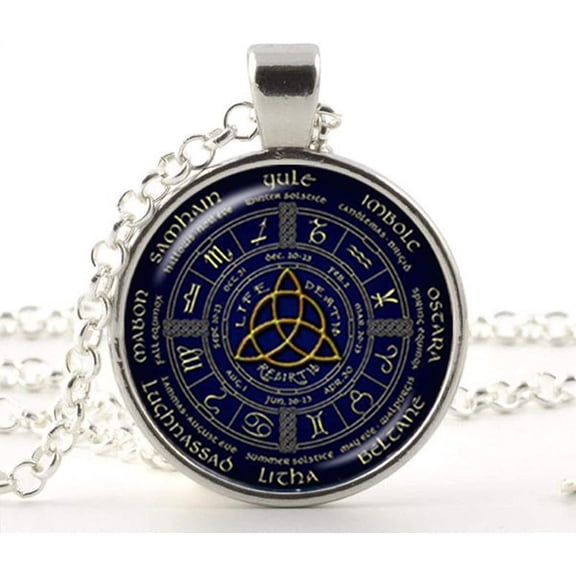 Wiccan Pentagram Pendant Necklaces Pagan Wheel of The Year Jewelry Glass Photo Charm
