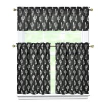 Green Cactus Kitchen Valance and Tiers Set of 3, 27.5x36in Polyester Curtains with Succulent Design, Small Window Drapes for Home, Café, or Holiday Setting