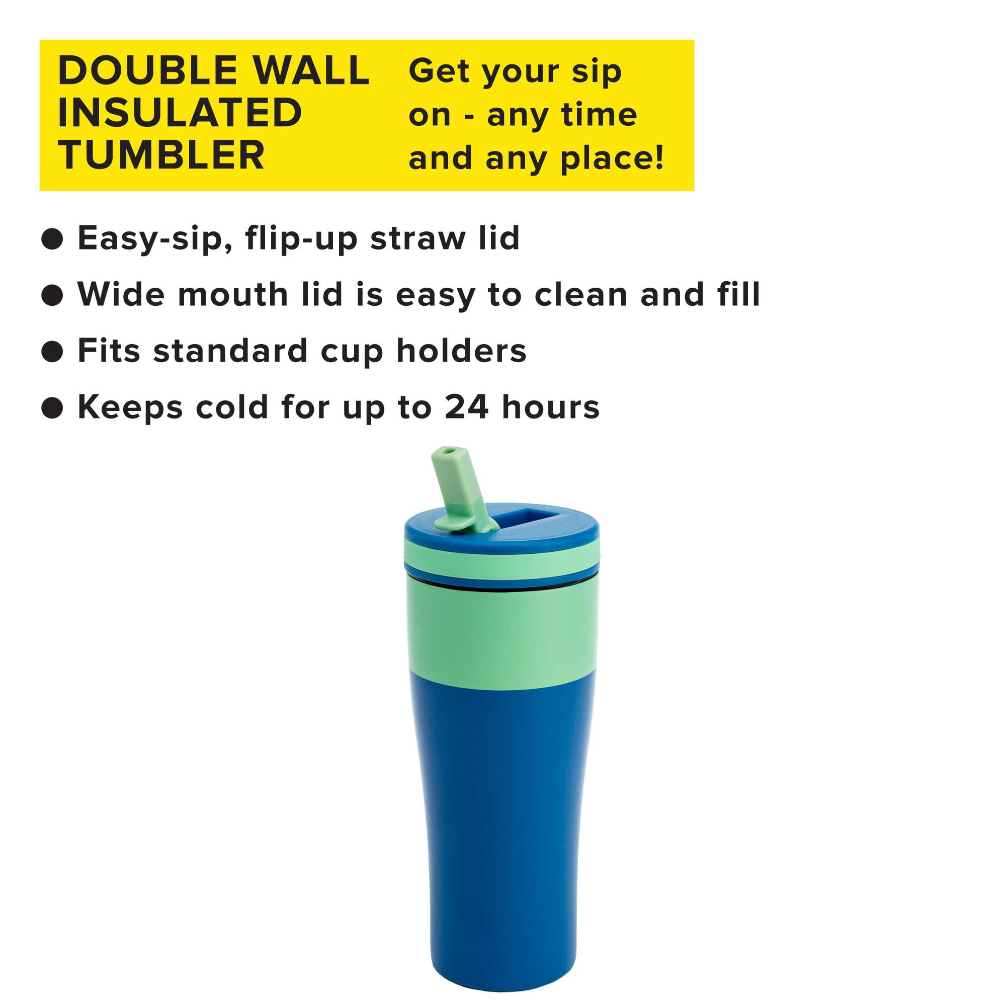 Tasty Double Wall Stainless Steel Insulated Tumbler with Built-In Straw  Lid, 20 Ounce, Blue/Green 