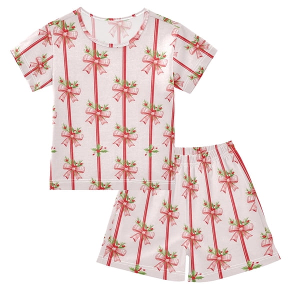 joogoo Christmas Fire Berry Bows Pattern Pajama Sets Short Sleeve Cotton 2-Piece Sleepwear 10Y