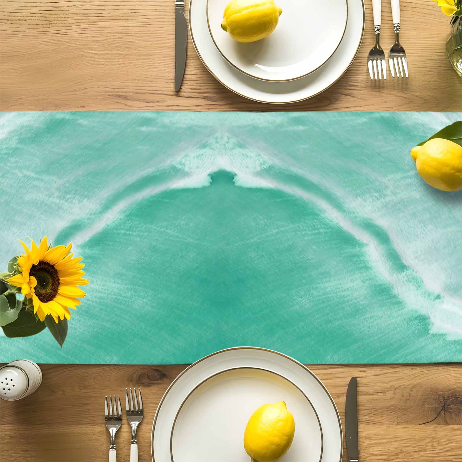 Summer Beach Green Water Ripples Table Runner 90 Inches Long, Coastal Seaside Waves Table Runners Tabletop Scarf Kitchen Dining Tables Decoration for Home Party Indoor Outdoor