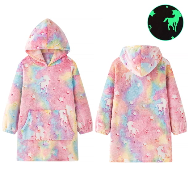 Albornoz con capucha de franela brillante y luminosa de unicornio, ropa de descanso para niños, manta luminosa para usar en el hogar