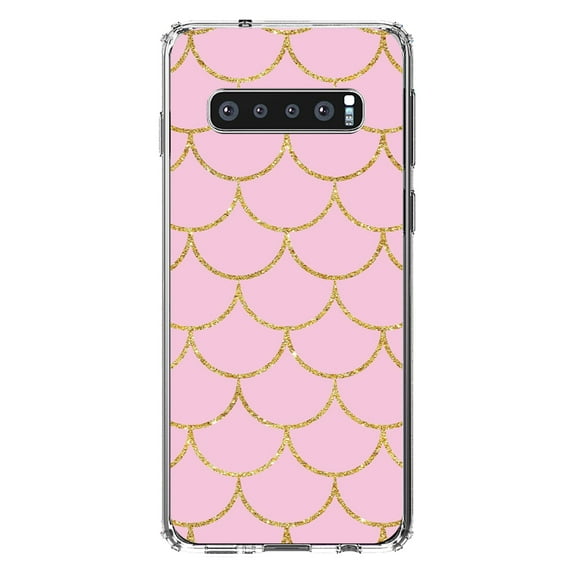 DistinctInk Clear Shockproof Hybrid Case for Samsung Galaxy S10 (6.1" Screen) - TPU Bumper, Acrylic Back, Tempered Glass Screen Protector - Pink & Gold Print - Scalloped Pattern