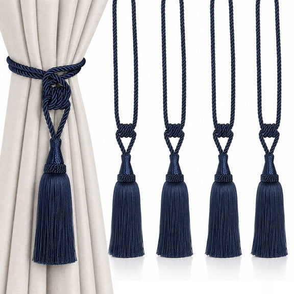 Curtain Tiebacks Tassel Drapery Tie, Curtains Drape Decorative Tie Backs with Tassels(Navy, 4 Pack)