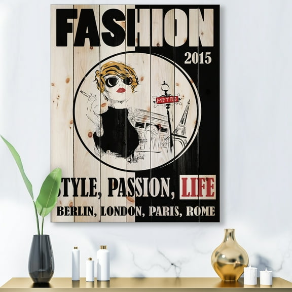 Designart 'Style Passion Life Fashion Woman I' Vintage Print on Natural Pine Wood