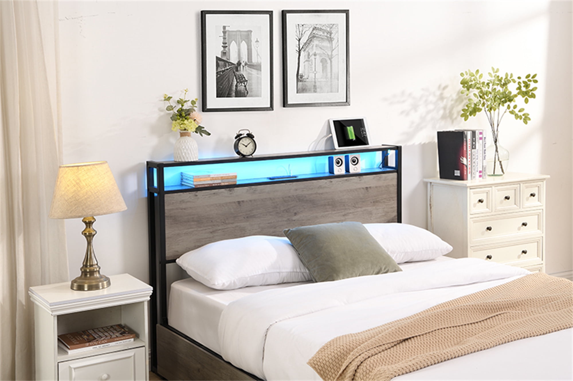 Aukfa Metal Queen Size Bed Frame with USB Ports, 16 Colors LED Lights, 4 Storage Drawers, Antique Gray
