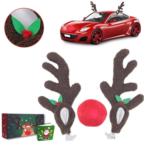 AYAMAYA Car Antlers and Nose, Christmas Reindeer Antlers and Nose Decorations for Car Windows & Grill for Any Vehicle