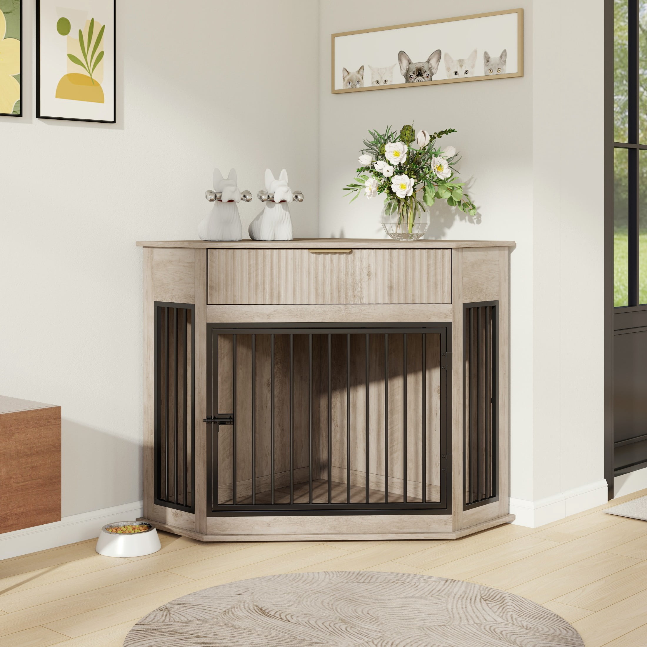 Noble House 44.6" Corner Wooden Dog Crate Furniture with Fluted Storage Drawer, Modern Cabinet for Home Décor, Grey