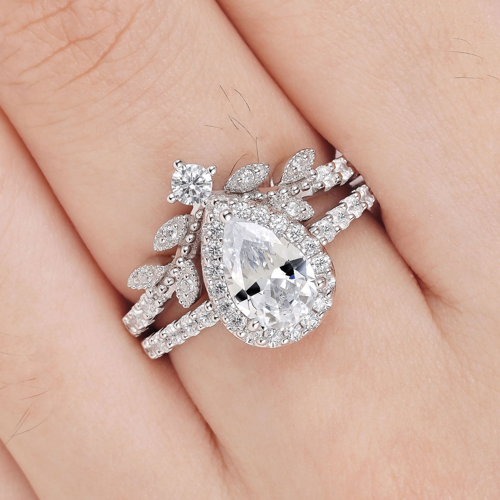 Newshe Jewellery Wedding Ring Set for Women Vintage 925 Sterling Silver Pear Shaped Cz Bridal Set Size 7