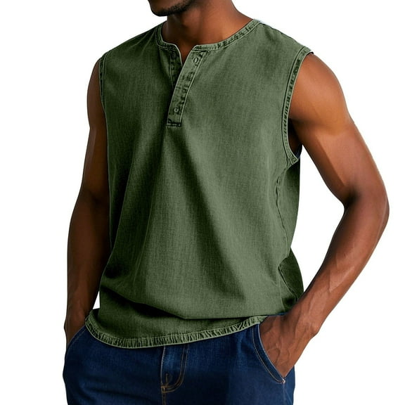 IYYVV Tank Tops Men Sleeveless Henley Shirts for Men Distressed Washed Button Down T-Shirt Summer Vintage Muscle Solid Tees Army Green L