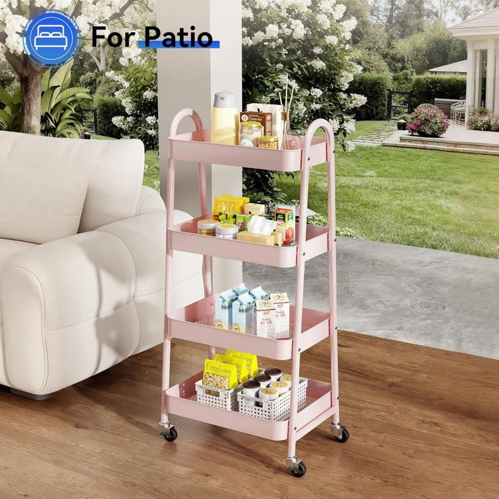 Kelno 4 Tier Rolling Cart Metal Utility Storage Cart Mobile Storage Organizer with Lockable Wheels,Pink