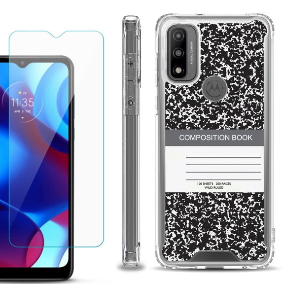 Shockproof Bumper Phone Case for Motorola Moto G Pure, with Tempered Glass Screen Protector, by OneToughShield ® - Composition Book