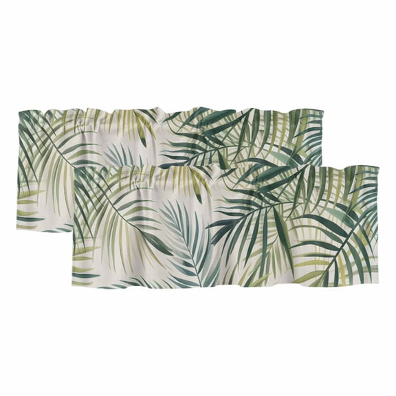 Palm Leaf Curtain Valances for Windows, Kitchen Valance Window Treatments Panel 2 Pack, Green Tropical Plant Summer Botanical Rod Pocket Short Curtains for Bathroom Bedroom 42 x 12 Inch