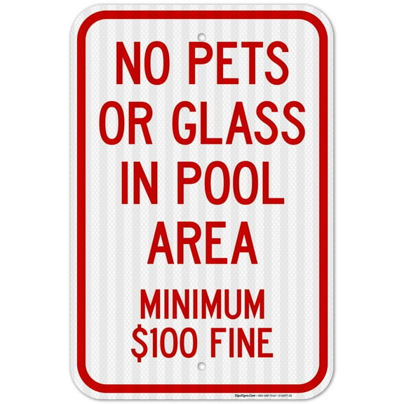 No Pets Or Glass In Pool Area Sign, Pool Sign, 12x12 Aluminum