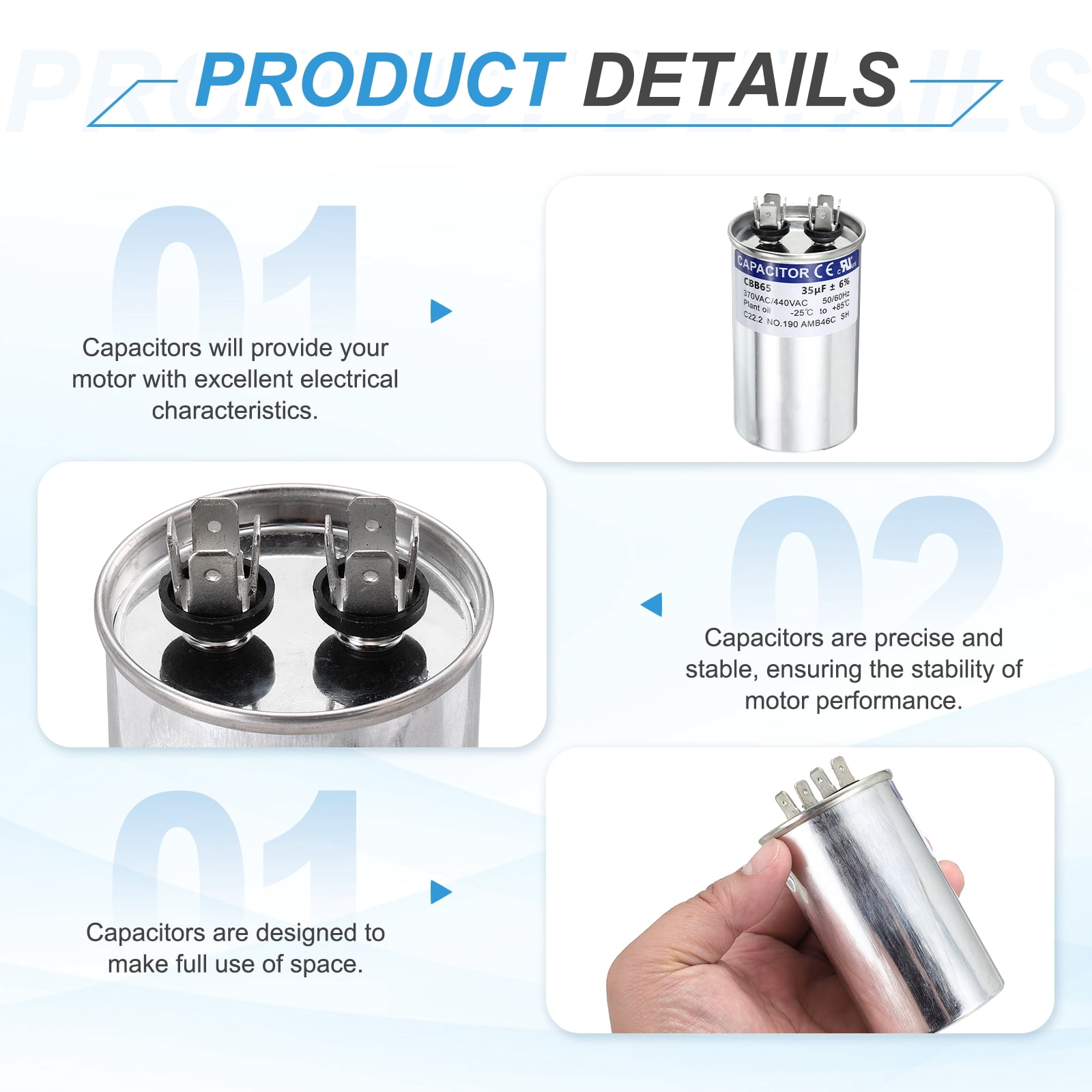 Uxcell 2Pcs 35MFD CBB65 Run Start Capacitor 35uF, 370/440V Round AC Capacitor for AC Motor Run, HVAC, Air Conditioner, Condenser Motors